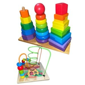 LOT of 2 Montessori Wooden Baby Toys Melissa & Doug Shape Stacker & Bead Coaster